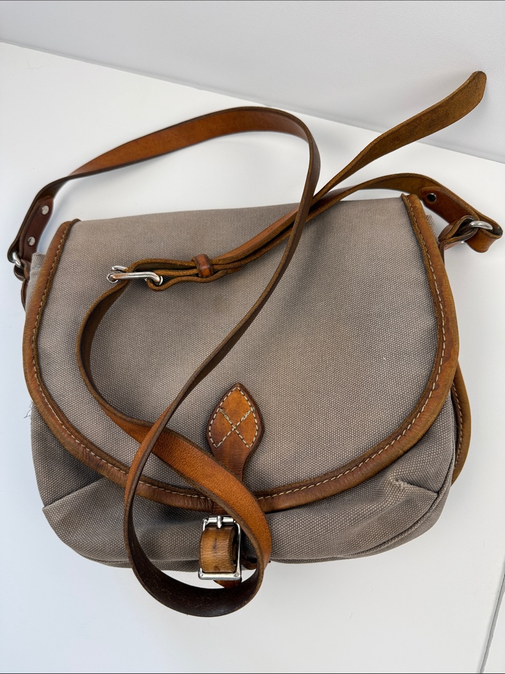 Gray Canvas Messenger Bag with Brown Leather Trim